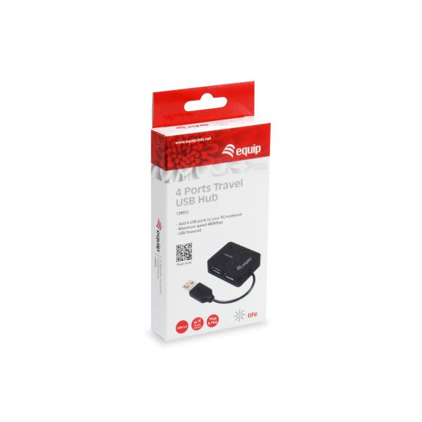 Équipement 128952, HUB USB de voyage à 4 ports, USB 2,0, 480 Mbits, plastique, noir