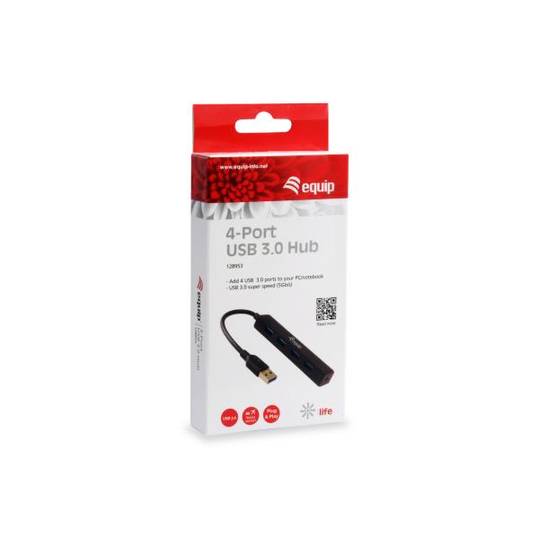 Équipement 128953, Hub USB à 4 ports, USB 3,2 Gen 1 Type-A, 5000 Mbits, noir