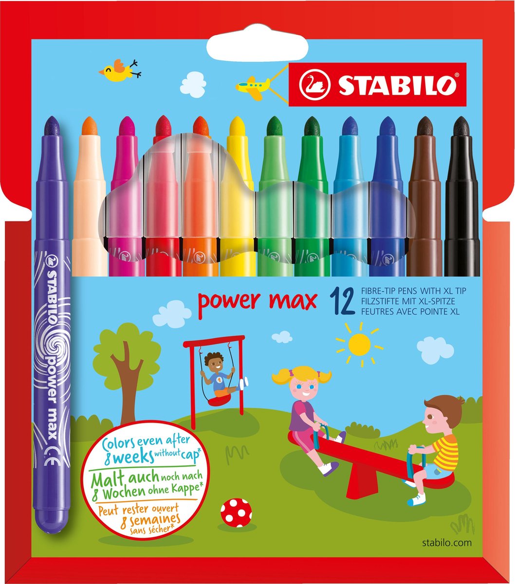 Stabilo power max - feutre - avec pointe extra épaisse 3,0 mm - étui de 12 couleurs