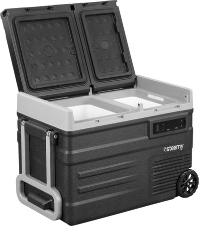 Steamy-e glacière électrique à rouleau double zone à compresseur sur roulettes - double zone - 41 litres - 12v et 230v - pour voiture et camping - noire