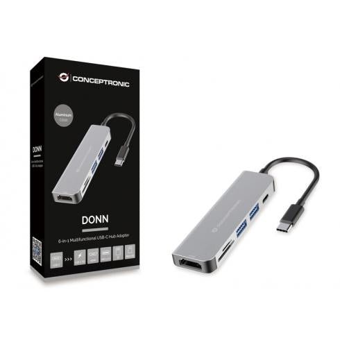 Concepttronic Concepttronic Donn02G 6-in-1 Adapte de hub USB multifonctionnel, USB 3.2 Gen 1 Type-C, HDMI, 5 Gbps, ALU