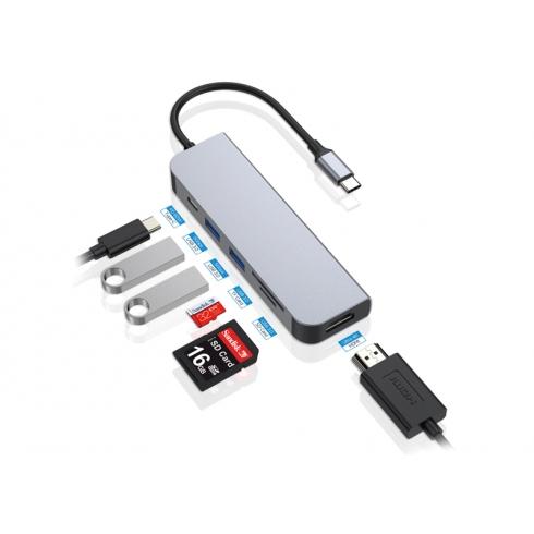 Concepttronic Concepttronic Donn02G 6-in-1 Adapte de hub USB multifonctionnel, USB 3.2 Gen 1 Type-C, HDMI, 5 Gbps, ALU