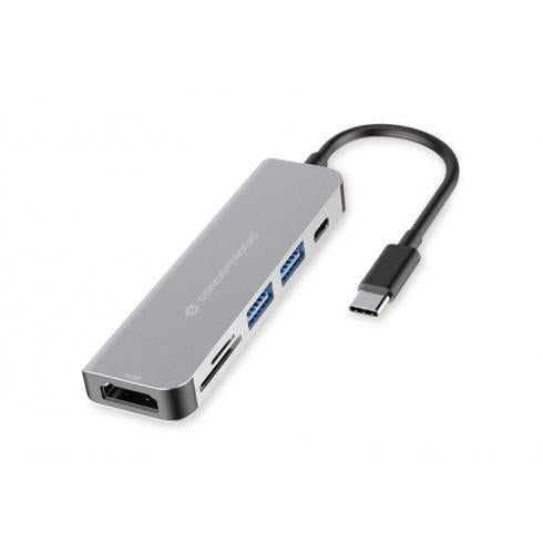 Concepttronic Concepttronic Donn02G 6-in-1 Adapte de hub USB multifonctionnel, USB 3.2 Gen 1 Type-C, HDMI, 5 Gbps, ALU