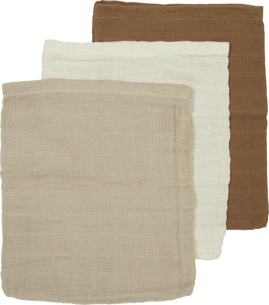 Débarbouillettes unies bébé Meyco - lot de 3 - hydrophiles - caramel sable blanc cassé - 20x17cm
