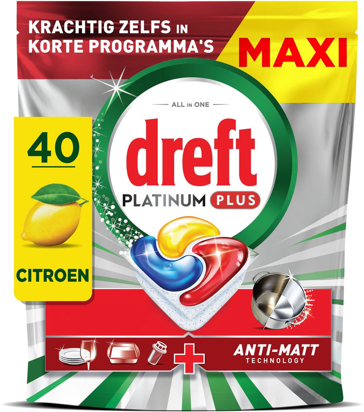 Tablettes pour lave-vaisselle Dreft Platinum Plus Lemon - Technologie anti-terne - 40 pièces