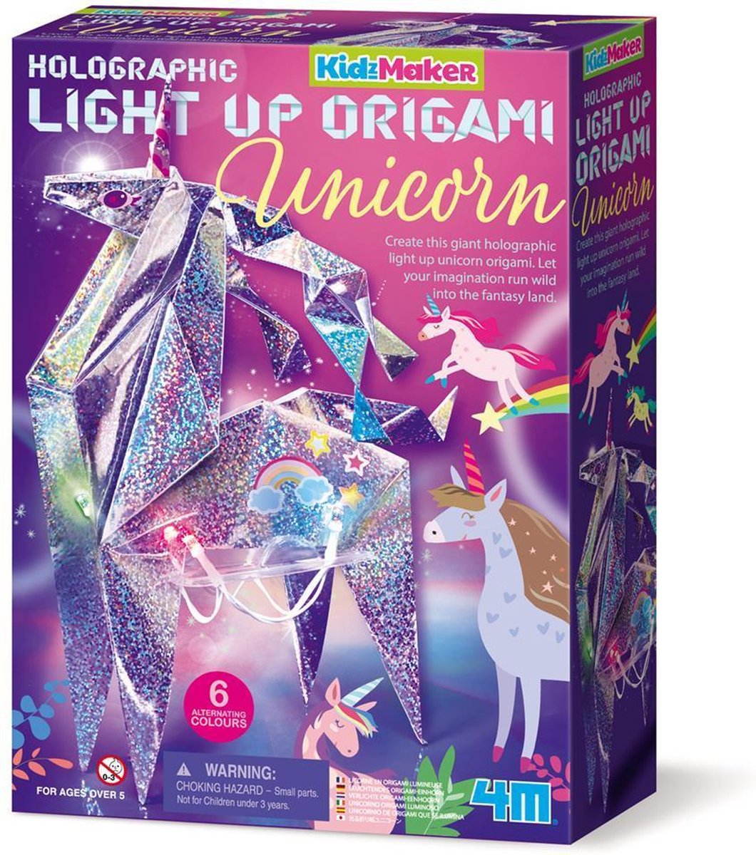 Kidzmaker 4m : lampe licorne origami 30 cm, instructions détaillées incluses, fonctionne avec 2 piles AA de 1,5 V (non incluses), boîte 18x25x6,5 cm, 5+