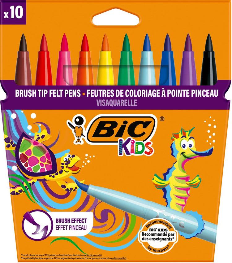 Bic kids visaquarelle - feutres - marqueurs pour enfants - marqueurs de couleur à pointe pinceau flexible - 10 pièces
