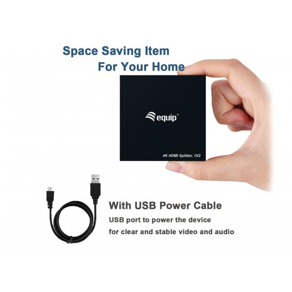 Équipement d'équipement 332715 Splitter HDMI Ultra Slim à 2 ports, 3840 x 2160p, 4K Ultra HD, Power-By Usb, noir