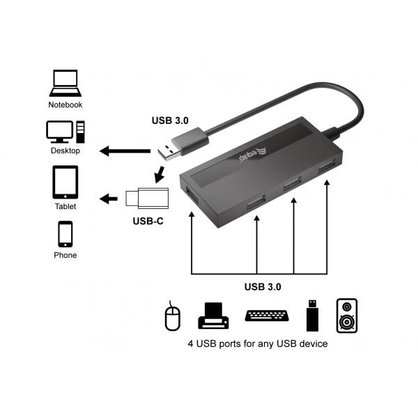 Équipement équivalent 128956 HUB USB 3.0 à 4 ports avec adaptateur USB-C, USB 3.2 Gen 1 Type-A, 5000 Mbit S, noir