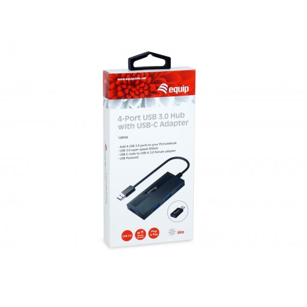 Équipement équivalent 128956 HUB USB 3.0 à 4 ports avec adaptateur USB-C, USB 3.2 Gen 1 Type-A, 5000 Mbit S, noir
