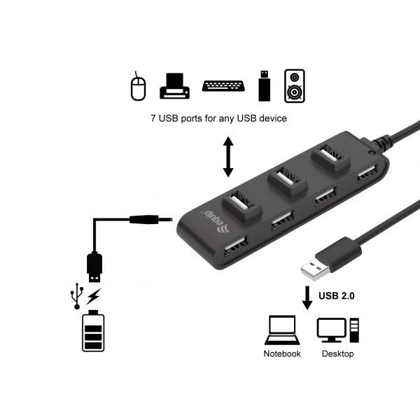 Équipement d'équipement 128957 HUB USB 2.0 à 7 ports, USB 2.0, USB 2.0, 480 Mbit S, noir