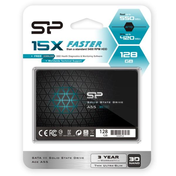 Silicon Power Silicon SP128GSS3A55S25 ACE A55 SSD, 128 Go, 7 mm 2,5 pouces, SATA3, NAND 3D, cache SLC