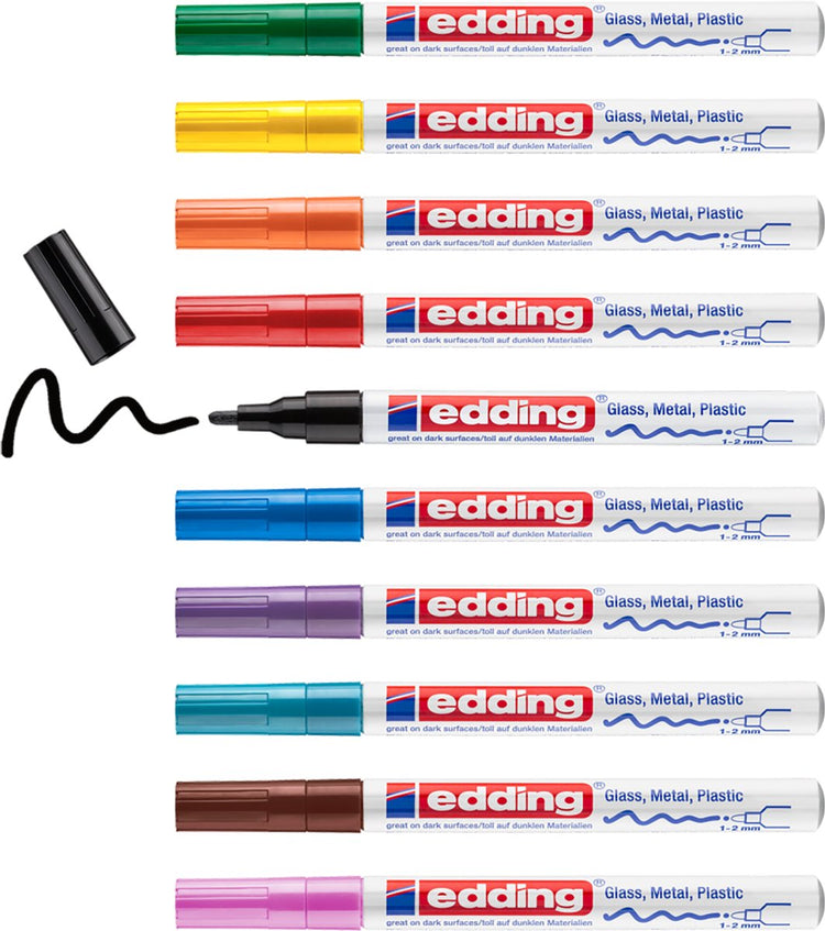 Marqueur peinture Edding 751 - pointe ronde 1-2 mm - boîte de 10 pièces de différentes couleurs - stylo peinture pour marquer et étiqueter le métal, le verre, la pierre ou le plastique - permanent, résistant aux taches et imperméable