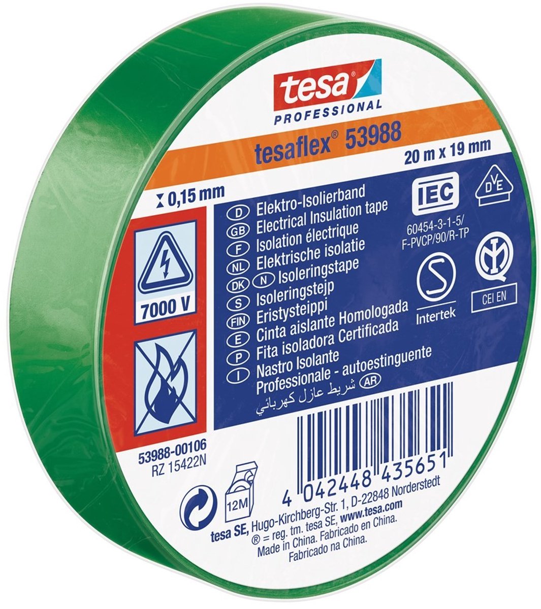 Tesa professional 1064508 - tesa 53988 ruban isolant électronique 20m 19mm vert | 10 pièces