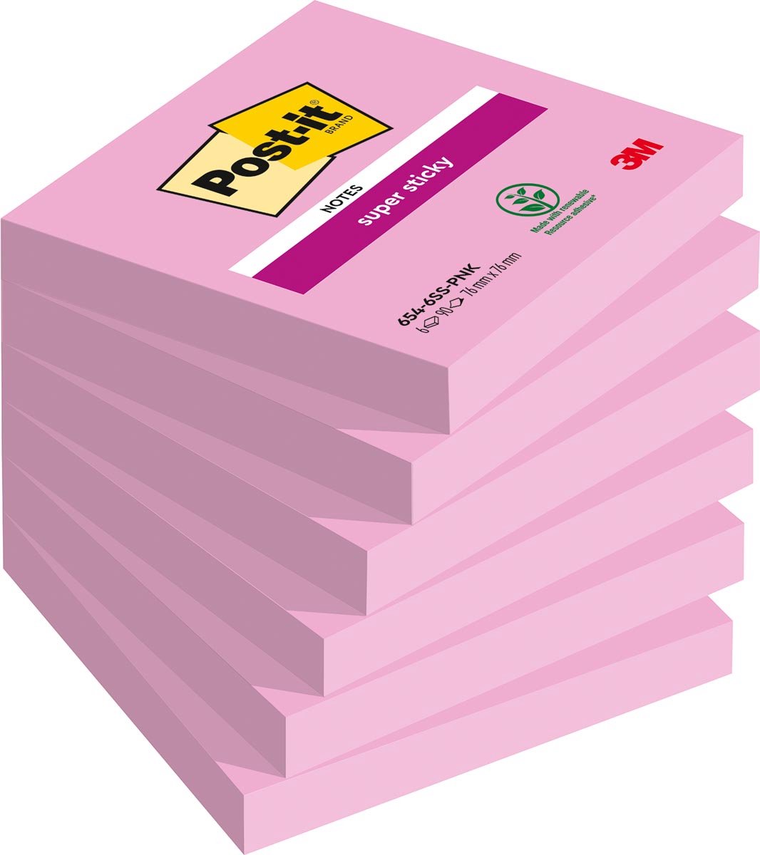 Bloc mémo Post-it 654 super collant 76x76mm rose 90 feuilles