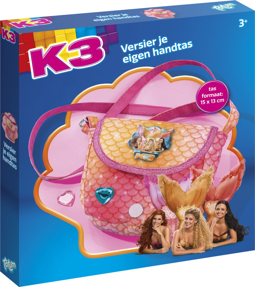 Totum k3 kit de bricolage décorer sac à main sirène 15 x 13 cm incl. coeurs en strass et jouets k3, ensemble d'artisanat pour filles