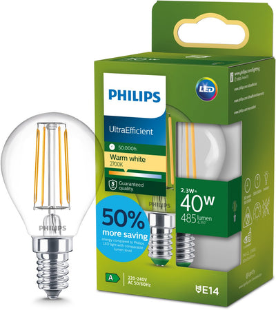 Philips LED Lampe boule LED ultra efficace Philips transparente - 40 W - E14 - lumière blanc chaud - classe énergétique a