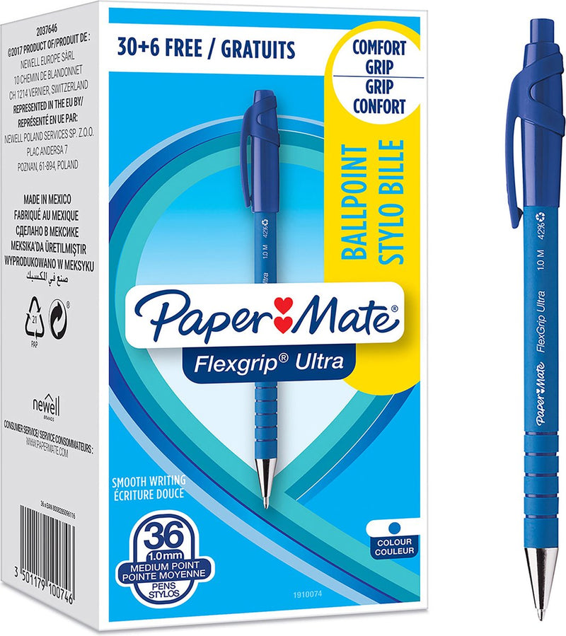 Stylo à bille papermate flexgrip ultra medium bleu pack 36 pièces