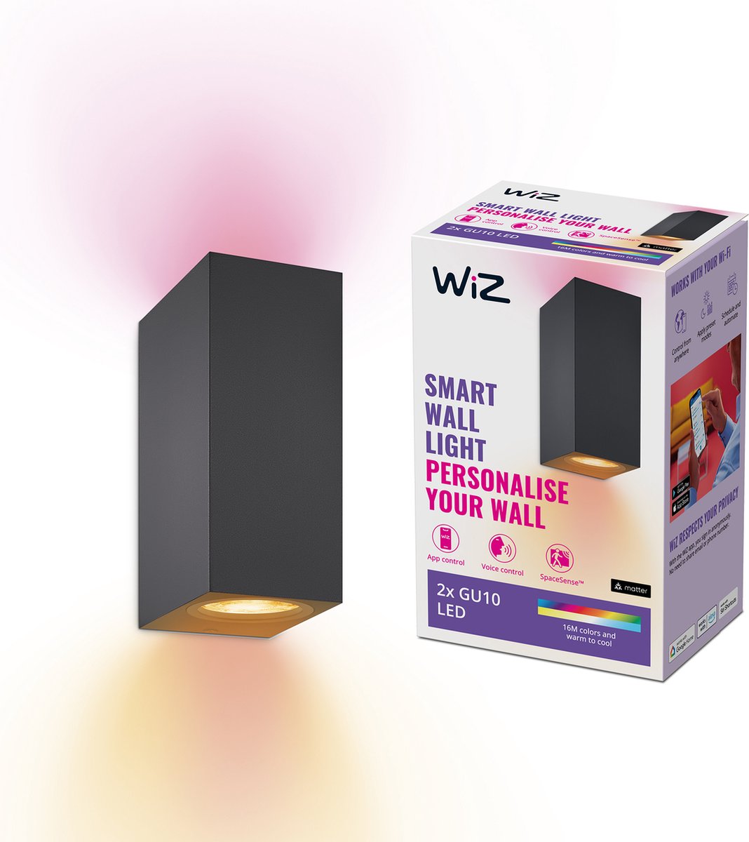 Applique Wiz up and down noire 2 spots - éclairage LED intelligent - lumière colorée et blanche - gu10 - 2x 5w - wi-fi