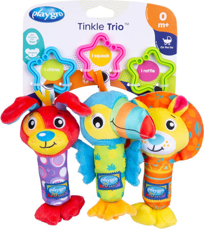 Playgro tinkle trio - jouets suspendus - jouets pour landau - hochet - accessoire pour landau - accessoire poussette - jouets éducatifs - peluche - jouets à presser bébé - jouets de développement bébé - peluches bébé 3 pièces