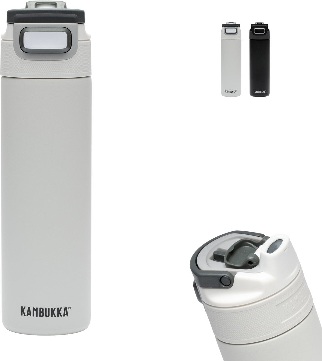 Bouteille d'eau isotherme Kambukka Elton 600 ml - blanc craie 2.0 avec couvercle 3 en 1 et nettoyage facile