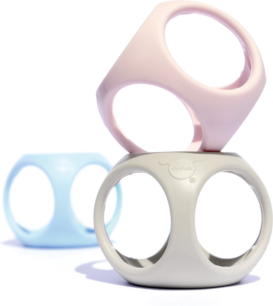Moluk oibo set couleurs pastel, lot de 3 balles pour bébé soft-grip de différentes couleurs, en caoutchouc silicone, en boîte 8,3x8,3x19,2cm, 0+