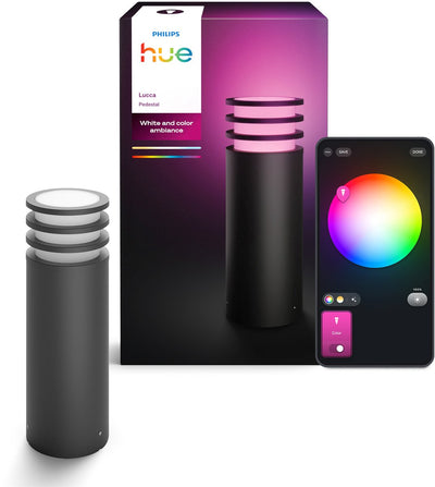 Lampe sur pied basse Philips Hue Lucca - éclairage de jardin - gris anthracite - IP44 résistant aux intempéries et au vent - lumière blanche et colorée - éclairage intelligent - 1100 lumens - compatible avec la matière