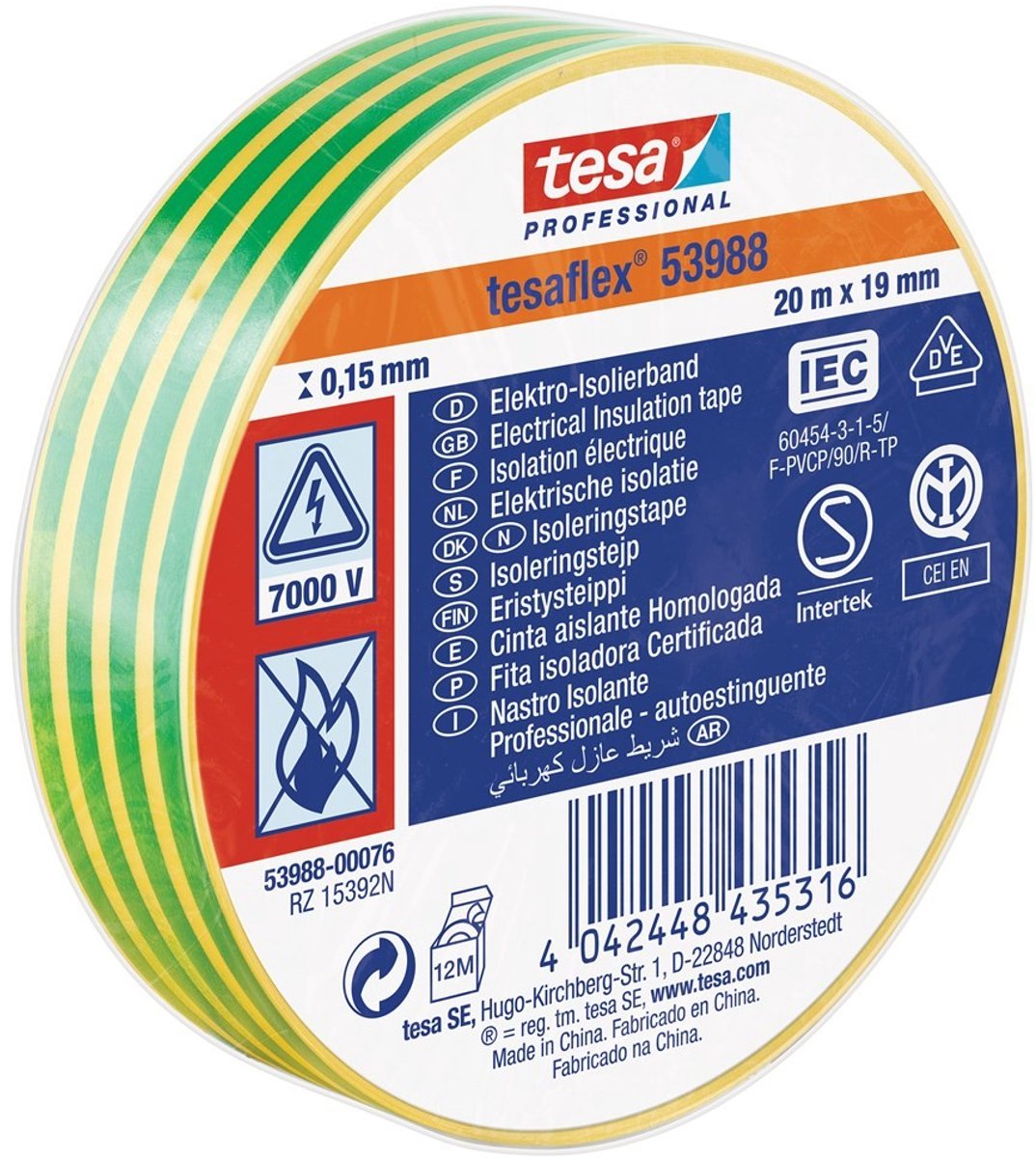 Tesa professional 1064507 - tesa 53988 ruban isolant électronique 20m 19mm jaune vert | 10 pièces
