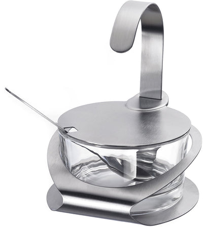 Bol à fromage et sucrier Westmark, avec support, couvercle et cuillère, 4 pièces, capacité : 150 ml, verre en acier inoxydable, blanc, argent transparent, 65112260