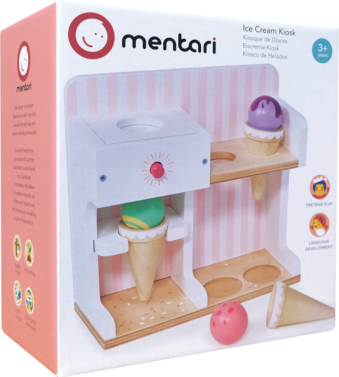 Boutique Mentari - kiosque à glaces - 20x8,5x18,5cm - avec 3 boules et 3 cornets - 3 ans