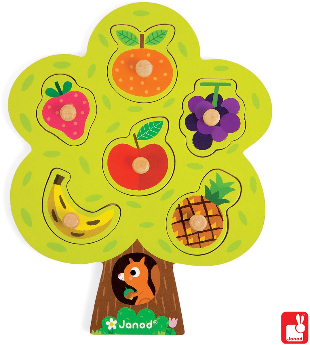 Puzzle boutons Janod - arbre fruitier - puzzle en bois de 6 pièces - les épingles en bois sur chaque pièce facilitent la préhension - dès 18 mois
