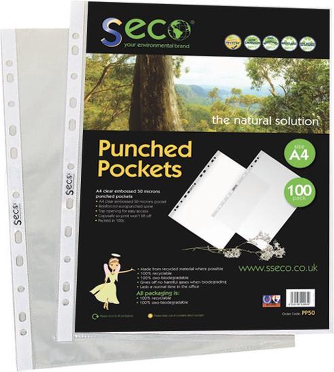 Dossier d'insertion Seco a4 - 11 trous - pp 50 microns - transparent - 50 pièces - respectueux de l'environnement - se-pp50 50