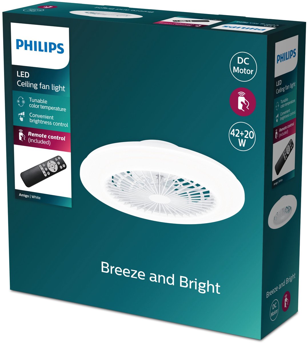 Philips LED Ventilateur Philips Amigo - éclairage LED économe en énergie - plafonnier - température de couleur réglable - diamètre 48,5 cm - télécommande - blanc avec effet pailleté