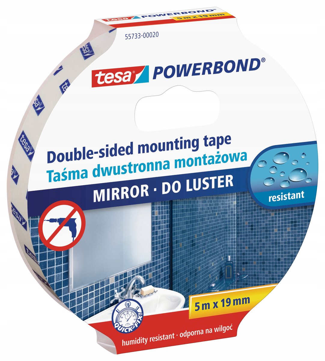 Tesa ® power bond - ruban de montage double face - résistant à l'eau - haute adhérence - idéal pour les miroirs - 5m - 19mm