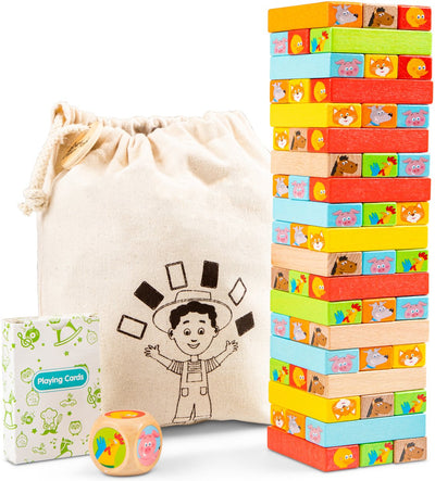 Jeu de tour de blocs en bois Woet ® - tour à empiler colorée avec des animaux - fsc - jeu d'équilibre et d'agilité pour enfants - à partir de 3 ans