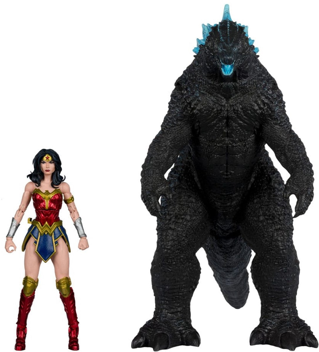 Mcfarlane toys dc justice league monsterverse dc multiverse figurine pack de 2 Wonder Woman vs. Atomic Blast Godzilla figurine articulée 18 cm
