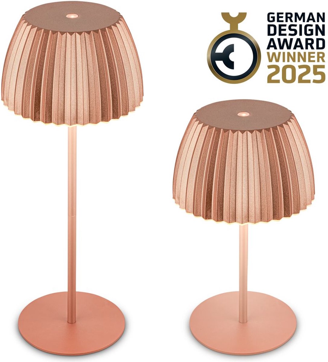 B.k.licht briloner champ - lampe de table rechargeable - lampe sans fil - intensité tactile - pour l'intérieur et l'extérieur - lauréat du prix du design allemand 2025 - cuivre - ø14,5 x 36,5 cm
