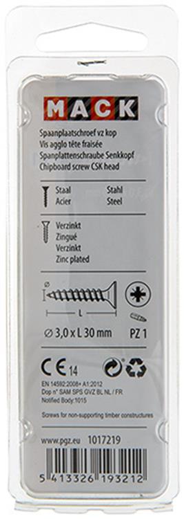 Mack 1017219 - vis pour panneaux d'aggloméré avec tête plaquée jaune 35 pcs 3,0 x 30 mm | 10 pièces