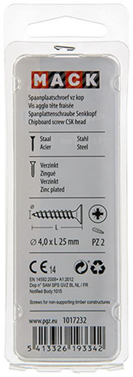 Mack 1017232 - vis pour panneaux d'aggloméré avec tête plaquée jaune 25 pièces 4,0 x 25 mm | 10 pièces
