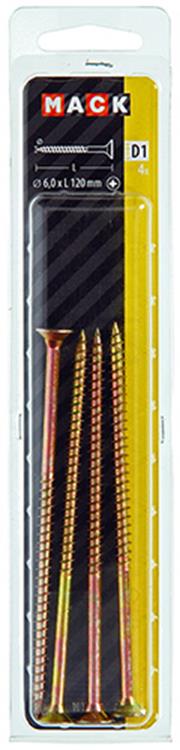 Mack 1017268 - vis pour panneaux d'aggloméré avec tête plaquée jaune. 4 pièces 6,0 x 120 mm | 5 pièces
