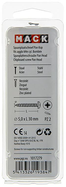 Mack 1017279 - vis pour panneaux d'aggloméré à tête cylindrique plaquée jaune 15 pièces 5,0 x 30 mm | 10 pièces