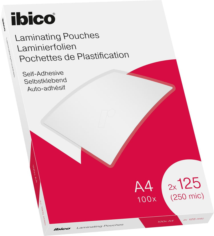 Pochettes de plastification autocollantes Ibico - pour documents A4 - 2 x 125 microns - 100 pièces