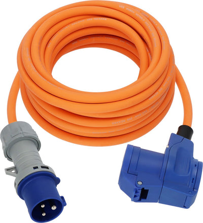 Câble d'extension de camping Brennerstuhl cee câble de 10 m en orange (fiche cee et raccord coudé avec prise combinée à contact de sécurité avec indicateur de tension LED, 230 V 16 A, pour une utilisation permanente en extérieur, fabriqué en Allemagne)