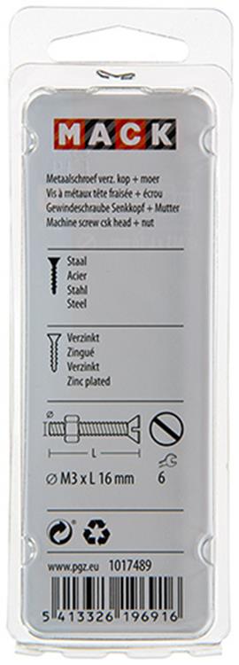 Mack 1017489 - vis à métal galvanisée. tête + écrou plaqué 27pcs m3 x 16 mm | 10 pièces