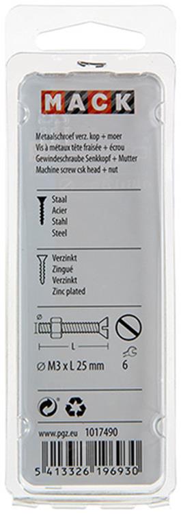 Mack 1017490 - vis à métal galvanisée. tête + écrou plaqué 22pcs m3 x 25 mm | 10 pièces