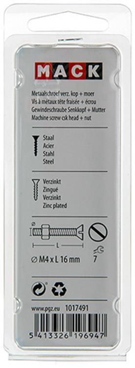 Mack 1017491 - vis à métal galvanisée. tête + écrou plaqué 20pcs m4 x 16 mm | 10 pièces