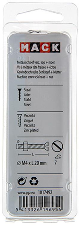 Mack 1017492 - vis à métal galvanisée. tête + écrou plaqué 18pcs m4 x 20 mm | 10 pièces