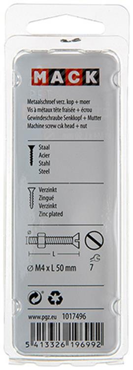 Mack 1017496 - vis à métal galvanisée. tête + écrou plaqué 9 pcs m4 x 50 mm | 10 pièces