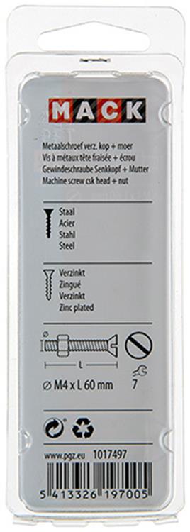 Mack 1017497 - vis à métal galvanisée. tête + écrou plaqué 6 pcs m4 x 60 mm | 10 pièces