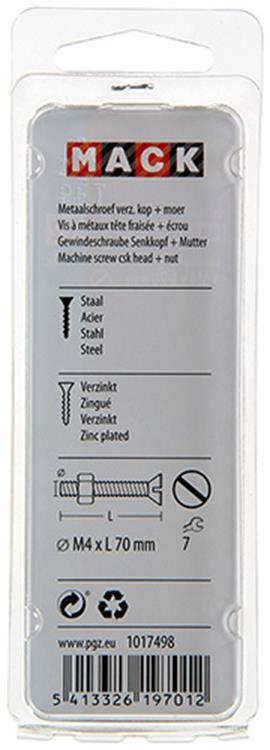 Mack 1017498 - vis à métal galvanisée. tête + écrou plaqué 4 pcs m4 x 70 mm | 10 pièces
